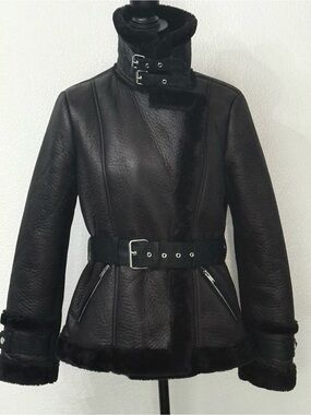Venus Black Shearling Belted Jacket  Soze S